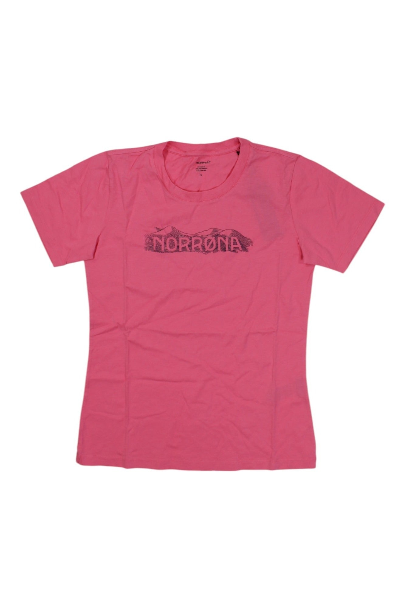 The Norrona Womens /29 Cotton Range T-Shirt is a pink, breathable women's tee with "NORRØNA" and a mountain graphic in dark letters on the chest, designed for outdoor comfort.