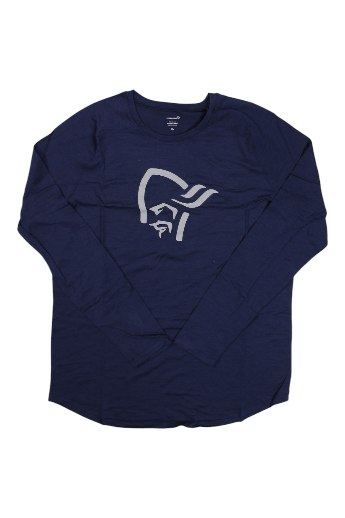 The Norrona Mens Pureull LS Top is a navy blue long-sleeve base layer with moisture-wicking properties, featuring a white graphic of a bearded man's profile. The shirt is displayed flat on a white background.