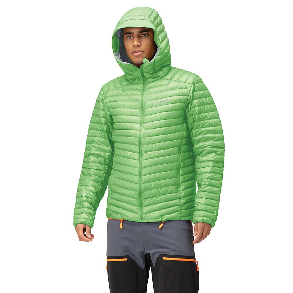 Green down hoodie jacket on model, full-zip front and quilted horizontal stitching