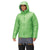 Green down hoodie jacket on model, full-zip front and quilted horizontal stitching