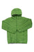 Green hooded ultralight down jacket with front zipper and quilted baffles