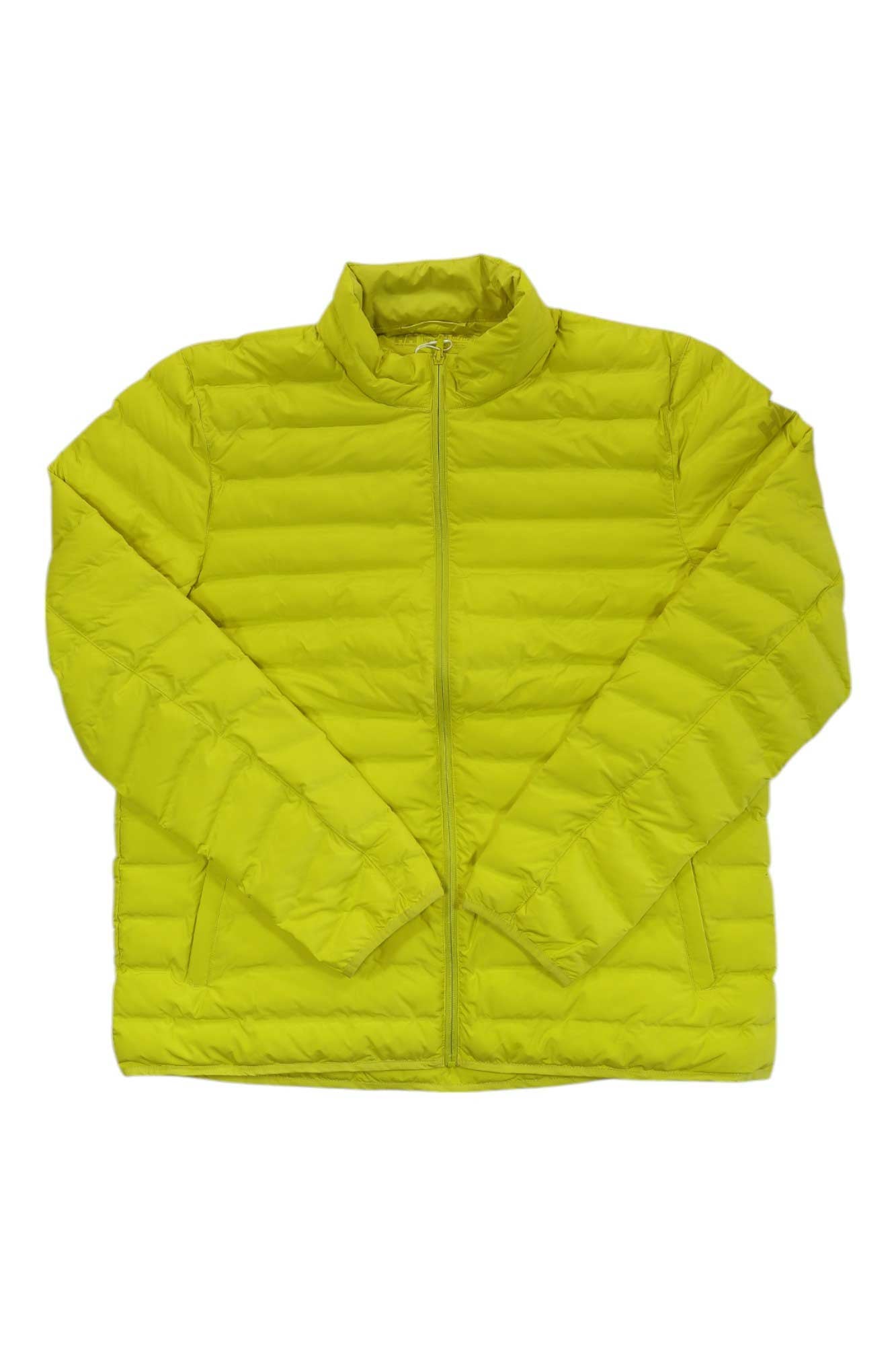 Helly Hansen Mens Mono Material Insulator in bright yellow, made from recycled polyester with horizontal quilting, long sleeves, front zipper, and stand-up collar, shown flat on a white background.