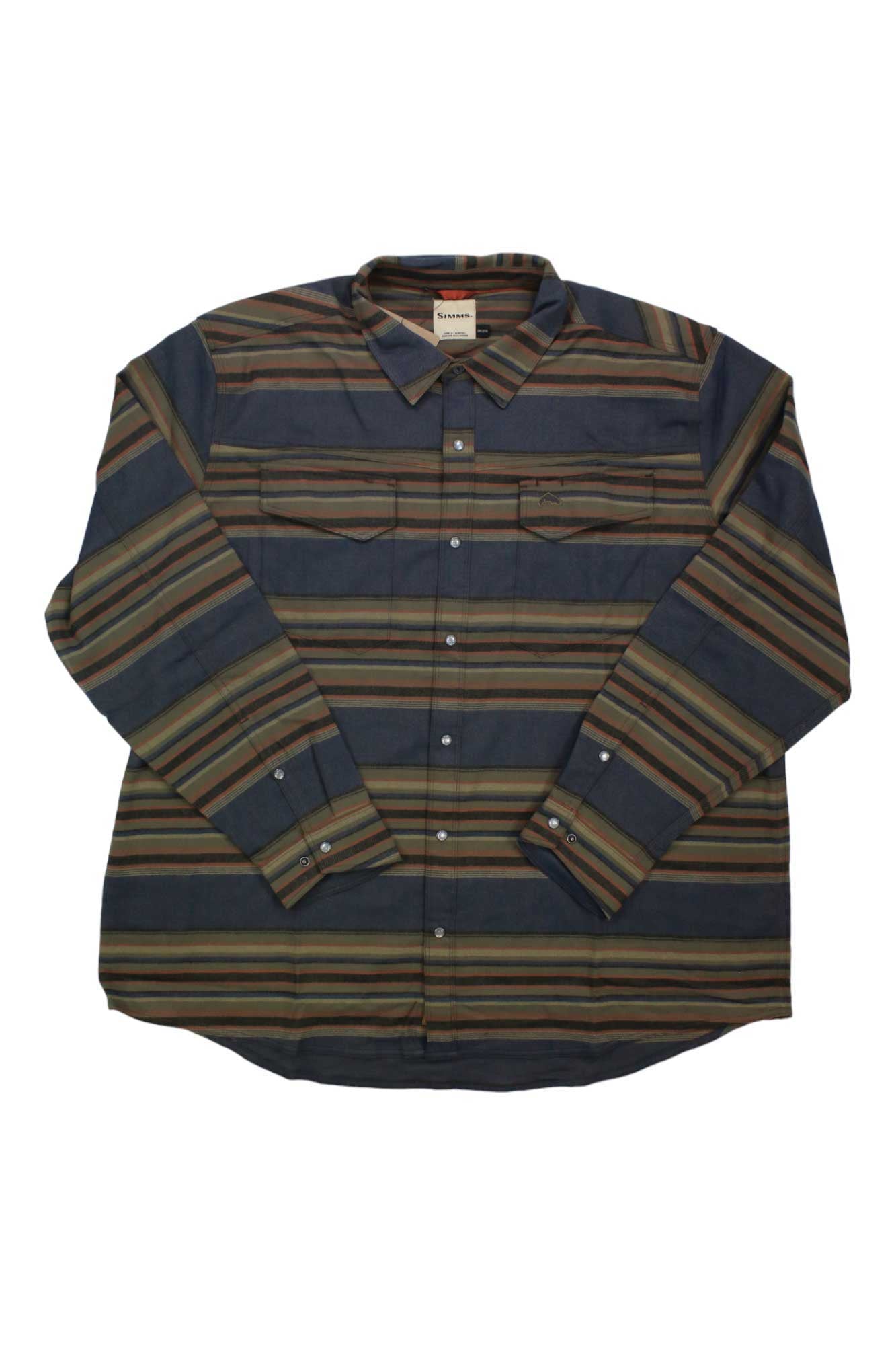 The Simms Men's Gallatin Flannel LS Shirt is a button-up with blue, brown, and olive horizontal stripes, a collar, and two front chest pockets.