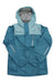 Kids color-block rain jacket, teal blue contrast panels, hooded rain shell, zip-front