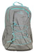 The L.L.Bean Women's Comfort Carry 30L Laptop Pack is gray with light blue zippers, logo, and bungee cord. This travel backpack for women has multiple compartments and a top handle for easy carrying.