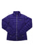 A Women's Down Sweater Jacket in purple, quilted and made from recycled polyester with 800-fill-power down, featuring a front zipper, long sleeves, and stand-up collar, is laid flat on a white background.