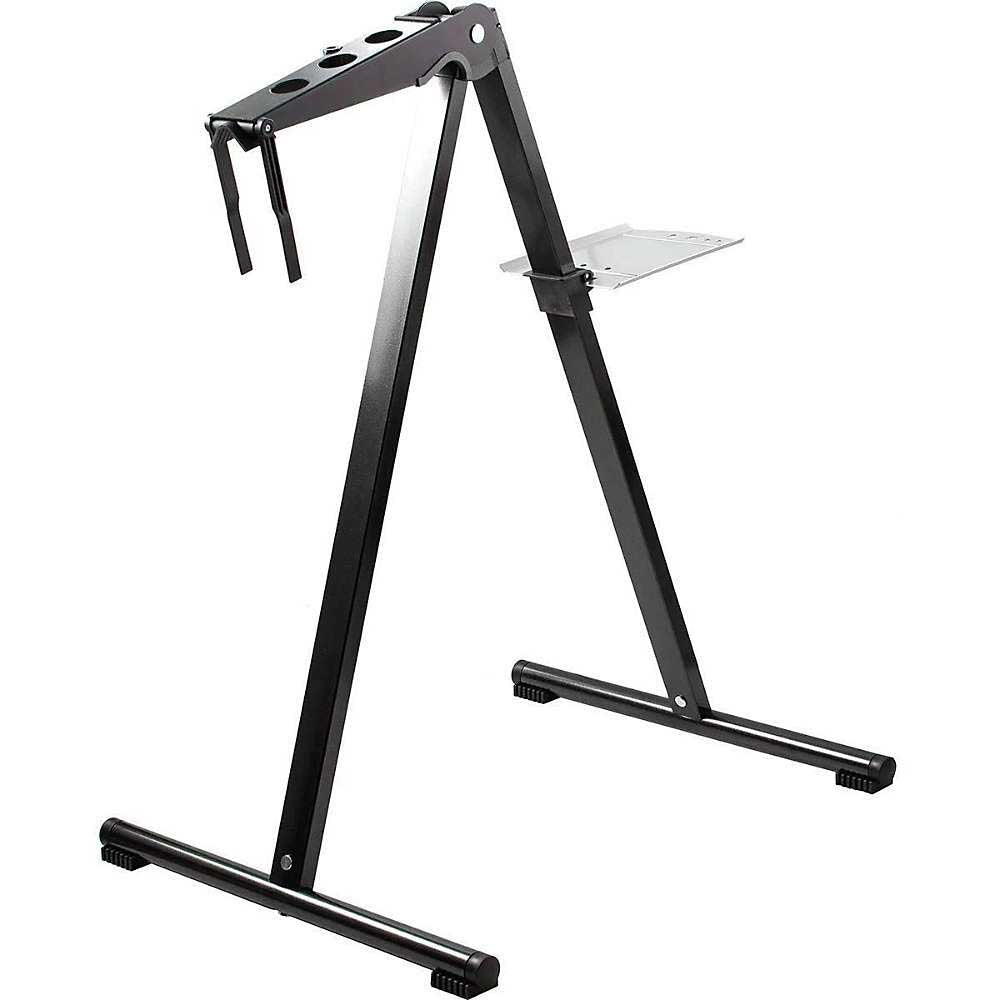 The Garmin Tacx Cyclestand is a black metal Z-shaped DJ controller stand with angled legs, a horizontal base, top slots to hold equipment, and a small side tray—combining sturdy functionality with practical design.