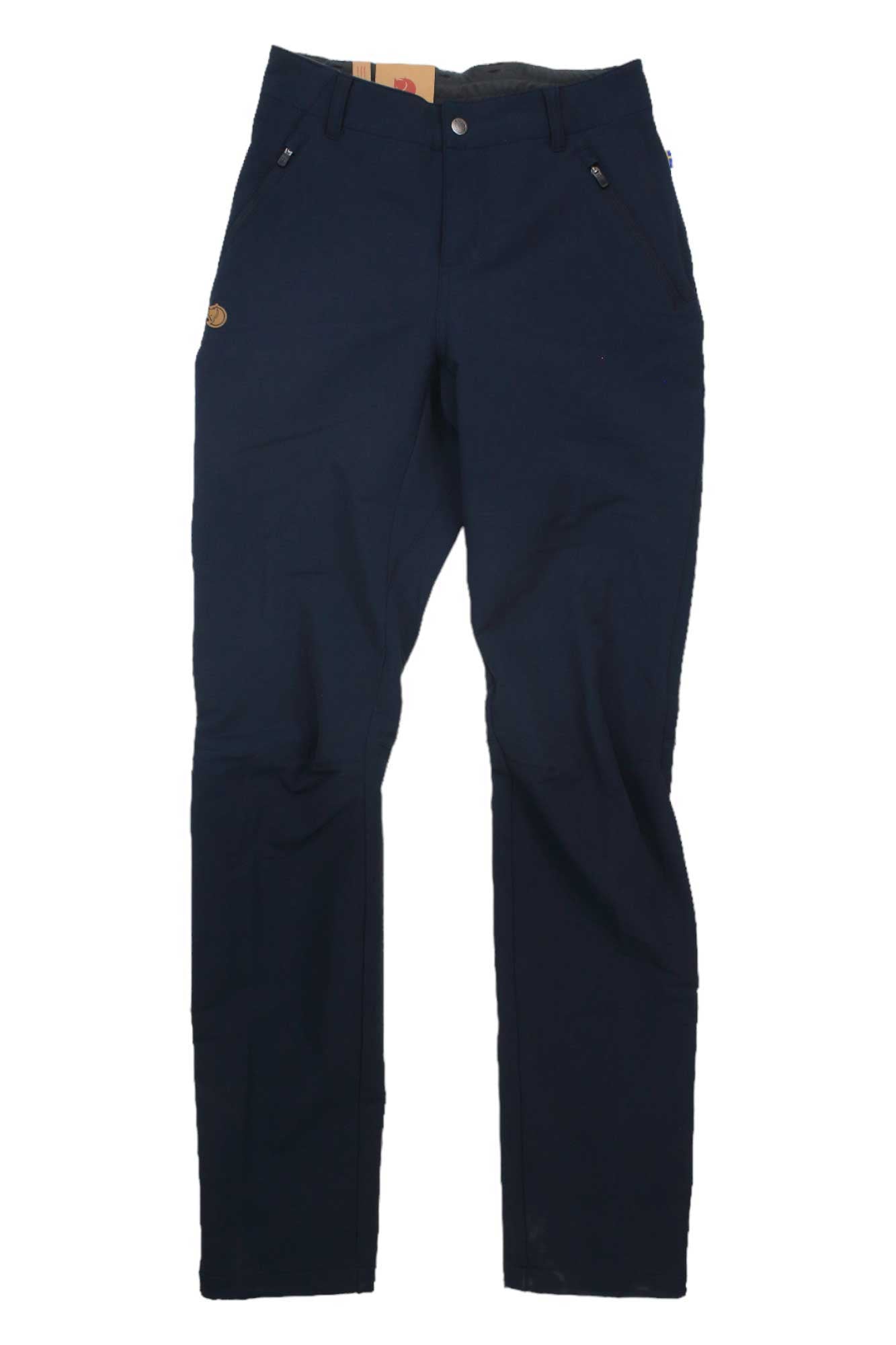The Fjallraven Womens Abisko Winter Stretch Trouser is a pair of dark blue stretch trousers for women featuring front zipper pockets and a small round logo patch on the left thigh.