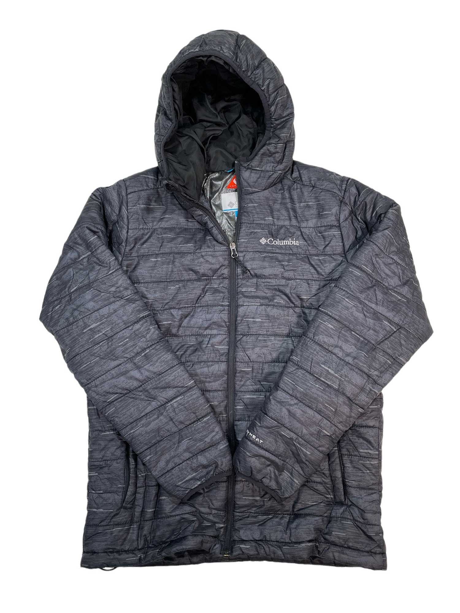 Dark gray hooded puffer jacket with full zipper and quilted line print