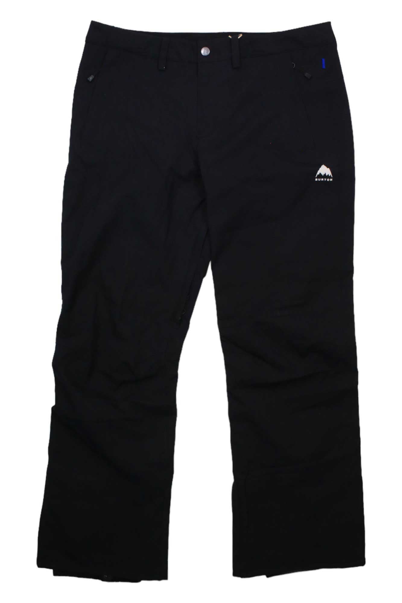 The Burton Women's Society Pant features belt loops, front pockets, a small white mountain logo on the upper left thigh, and DRYRIDE stretch fabric. These women's snowboard pants are shown laid flat on a white background.