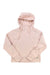 Women's fleece pullover hoodie in pale pink, textured knit, hood with drawstrings