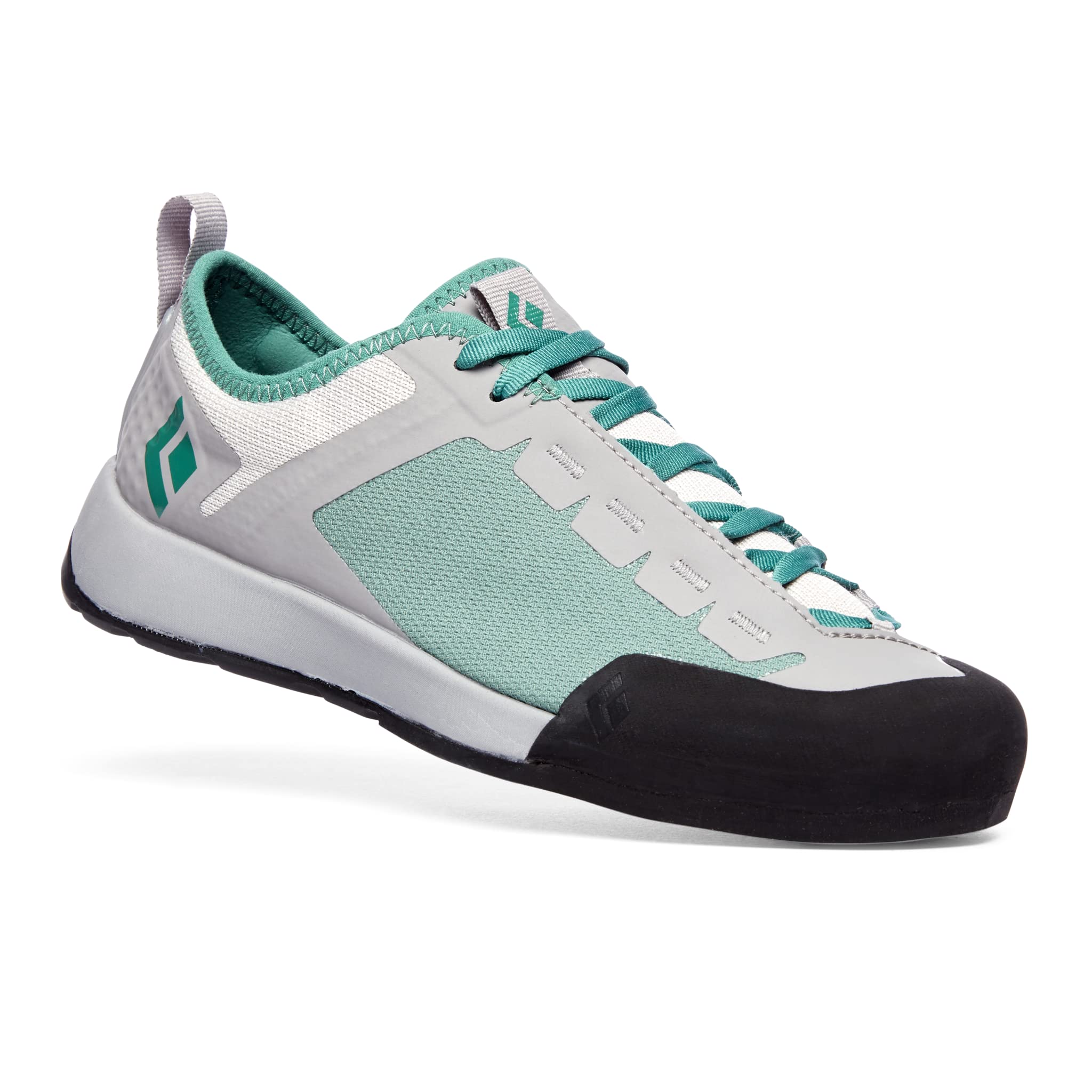 A BLACK DIAMOND Fuel Women's Approach Shoe in Pewter Meadow Green, featuring a black rubber toe cap, green laces, and a textured sole, is angled to display its side and top.