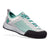 A BLACK DIAMOND Fuel Women's Approach Shoe in Pewter Meadow Green, featuring a black rubber toe cap, green laces, and a textured sole, is angled to display its side and top.