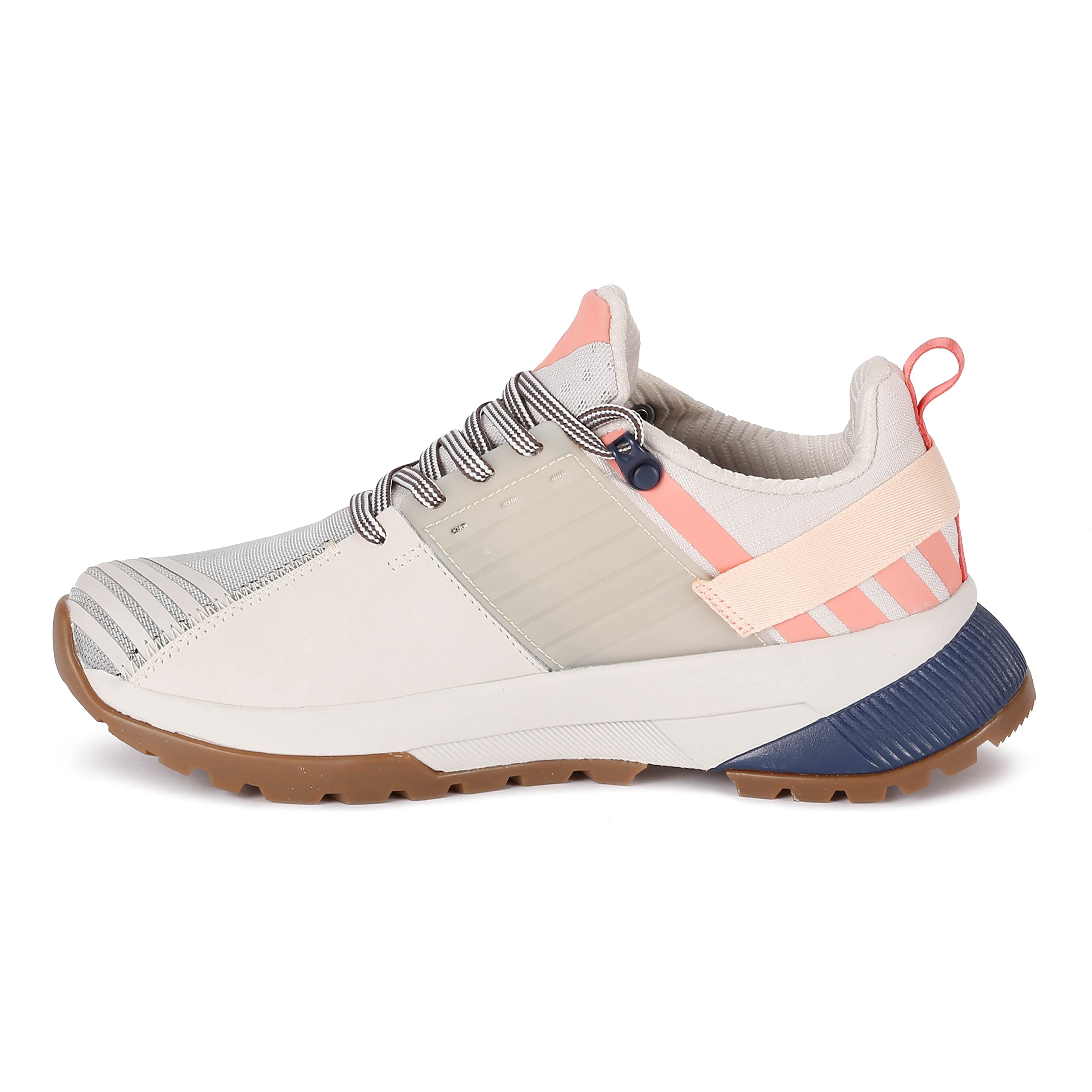 The Spyder Women's Trail Running Shoes - Moonlight blend style with comfort, featuring a white, beige, and light pink upper, gray striped toe, dark blue heel accent, ribbed tan sole, lace-up front, and back pull tab for easy wearing.