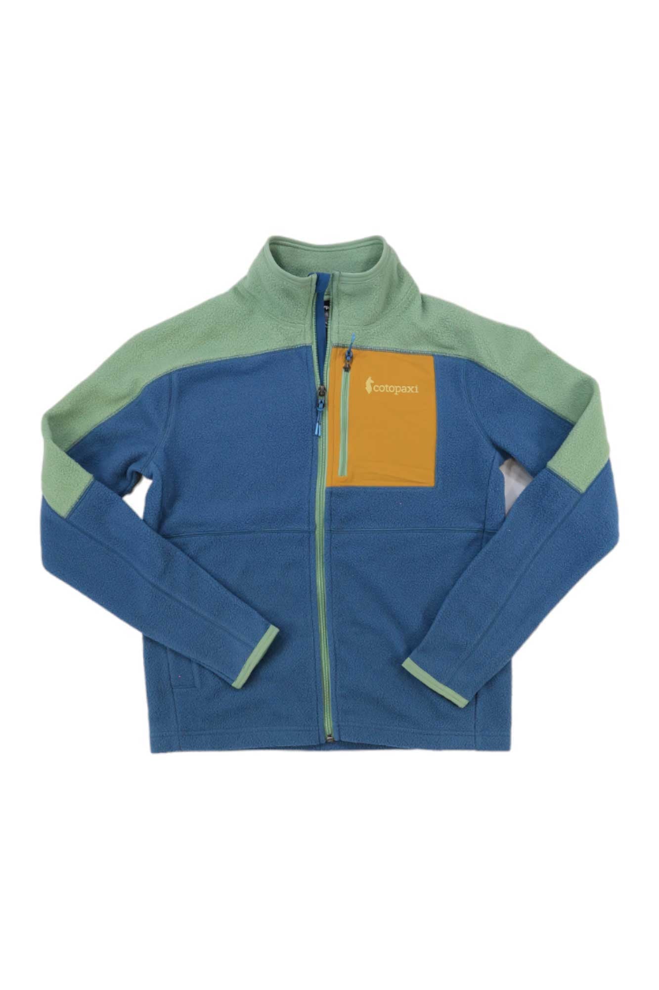 The Cotopaxi Womens Abrazo Full-Zip Fleece Jacket is a cozy, sustainable layer with blue sleeves and body, green shoulders and collar, a yellow logo chest pocket, and a green zipper—made from recycled materials for style and comfort.