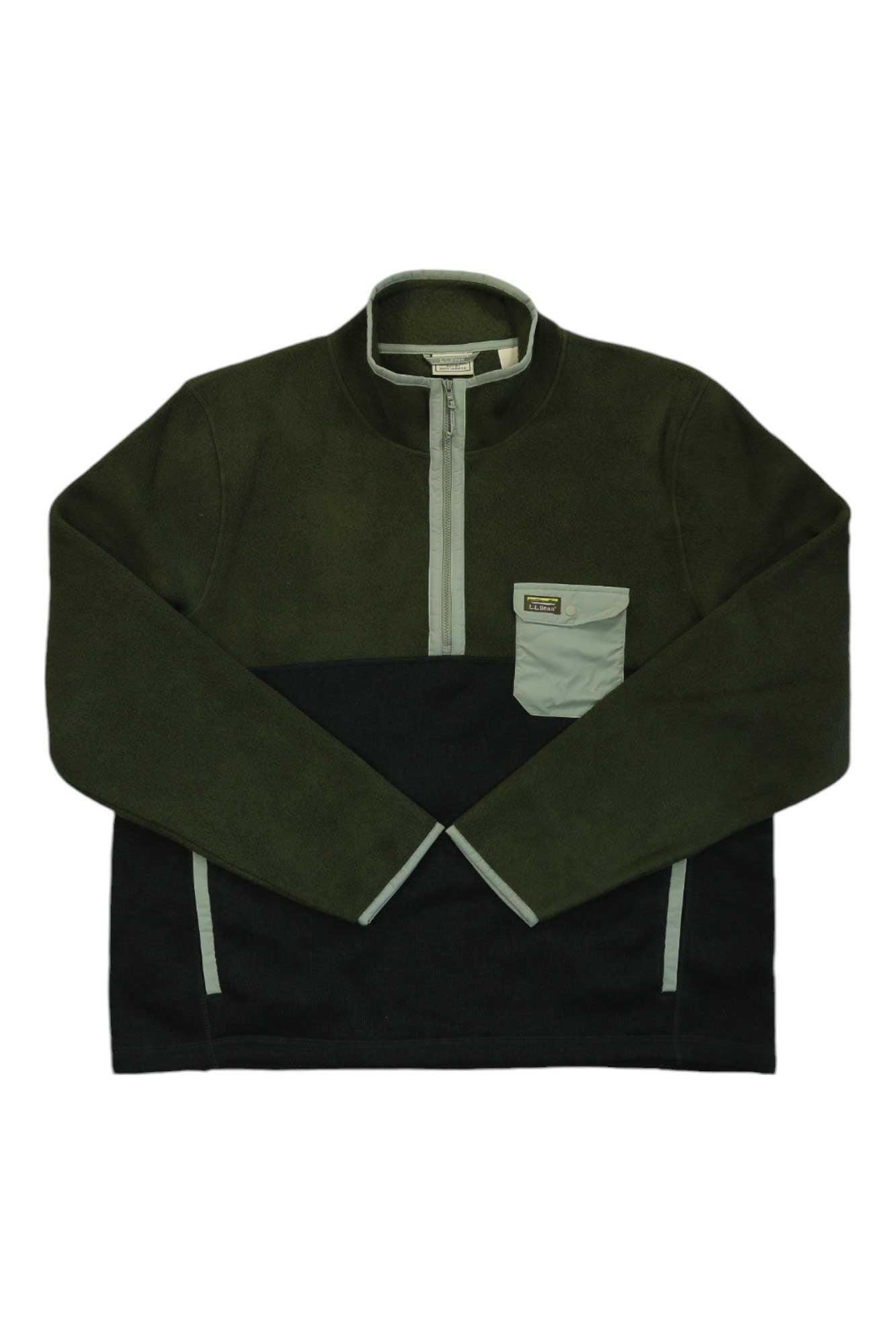 The L.L.Bean Men's Hybrid Fleece Sherpa Pullover features long sleeves, a two-tone dark green and black design, a light gray chest pocket, and matching light gray trim on the collar, zipper, pocket, and sides.