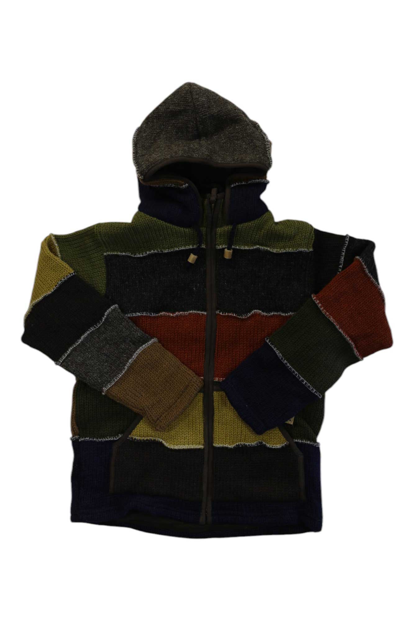 The Lost Horizons Mens Patchwork Fleece Lined Sweater is a handmade wool hoodie from Nepal with a hood and long sleeves, featuring multicolored patchwork and earthy horizontal stripes in green, yellow, black, orange, and brown.