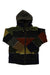 The Lost Horizons Mens Patchwork Fleece Lined Sweater is a handmade wool hoodie from Nepal with a hood and long sleeves, featuring multicolored patchwork and earthy horizontal stripes in green, yellow, black, orange, and brown.
