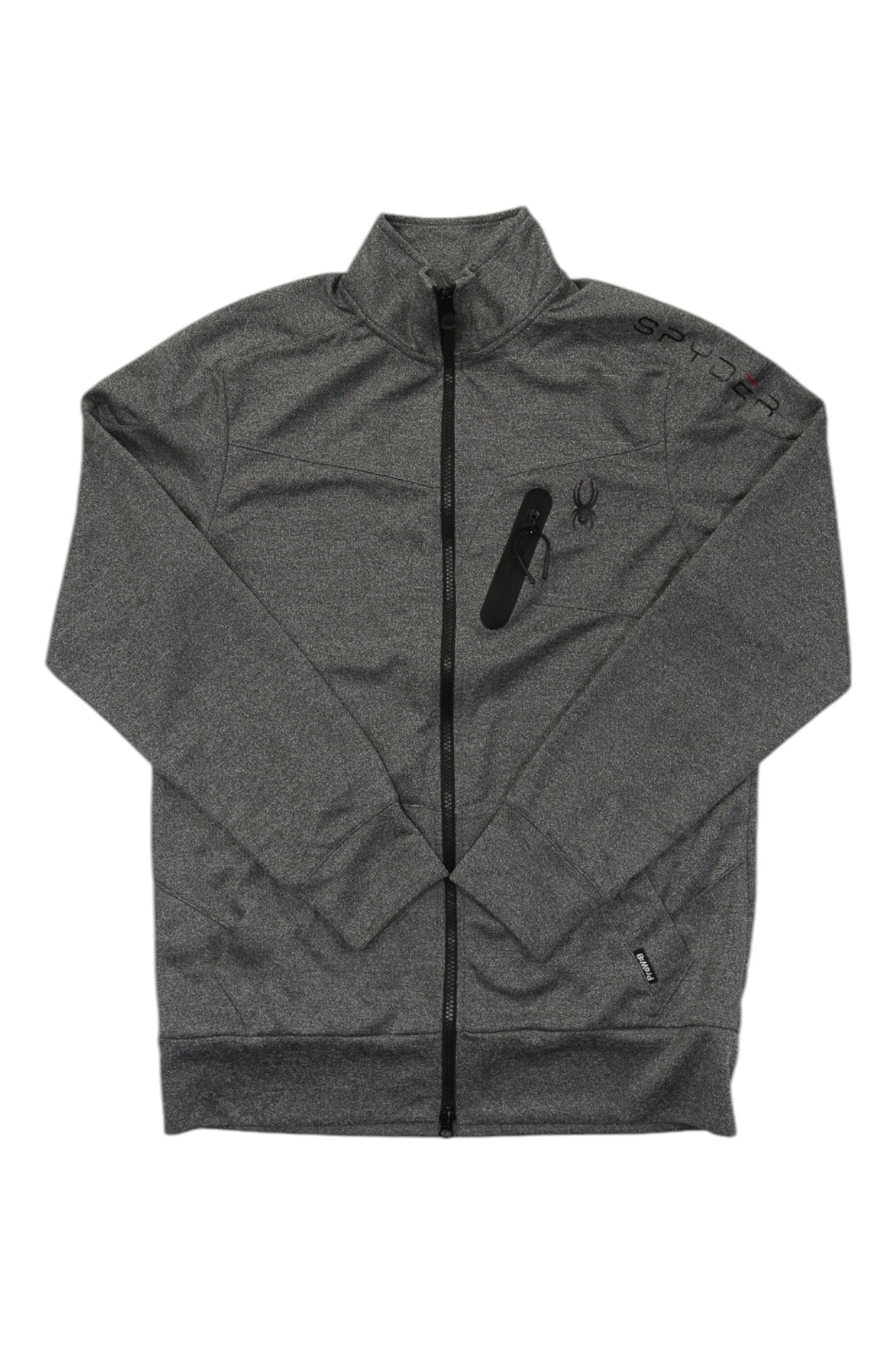 The Spyder Mens Active Full Zip Sweater Jacket in gray, made from quick-drying polyester, has a stand-up collar, black zipper, chest logo, and “Spyder” on the shoulder. This lightweight fleece is displayed flat on a white background.