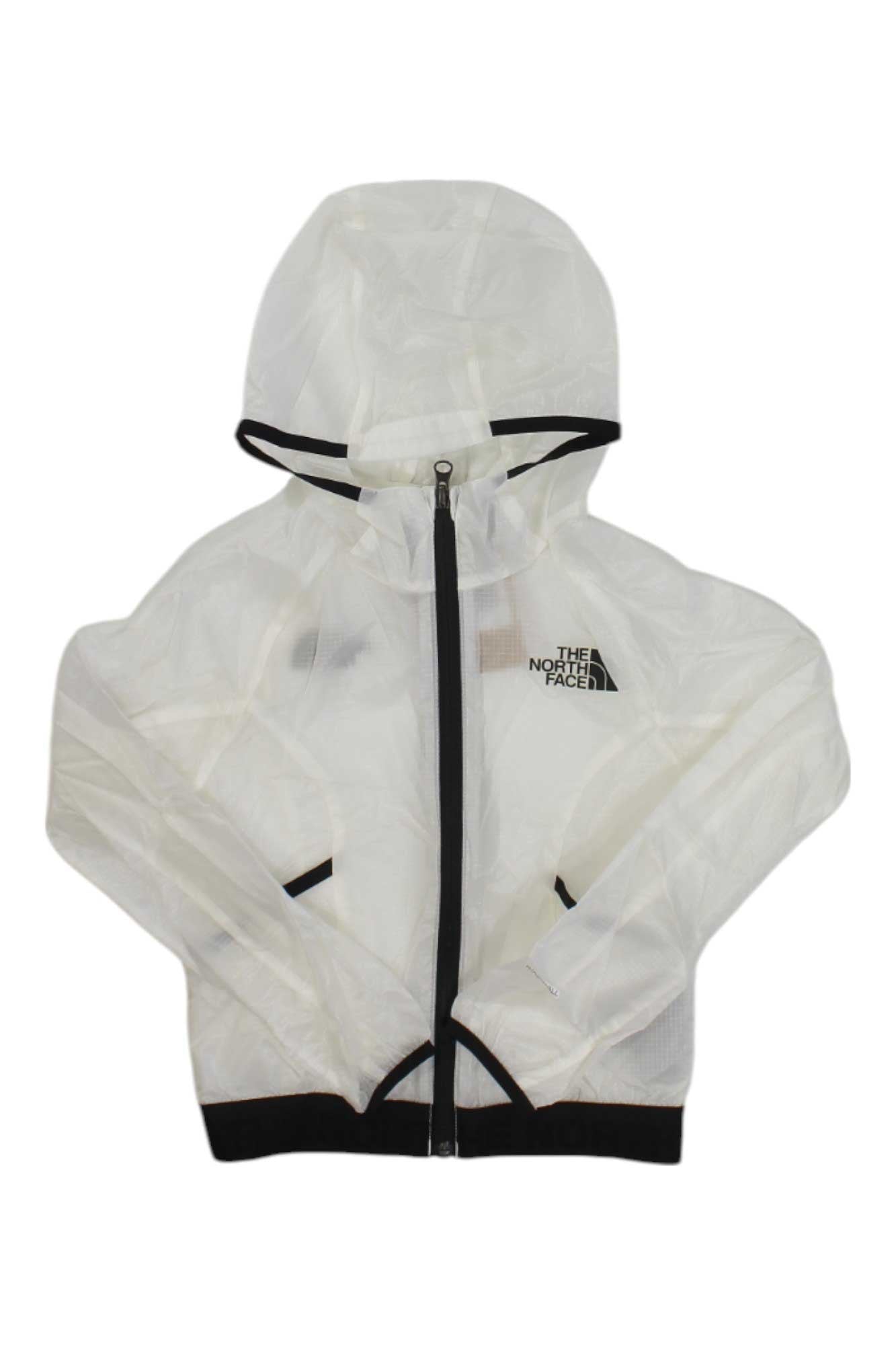 The North Face Girls Windwall Hoodie is a lightweight, translucent white jacket with black trim, front zipper, long sleeves, recycled nylon ripstop fabric, and the logo on the left chest. Wind-resistant for added protection.