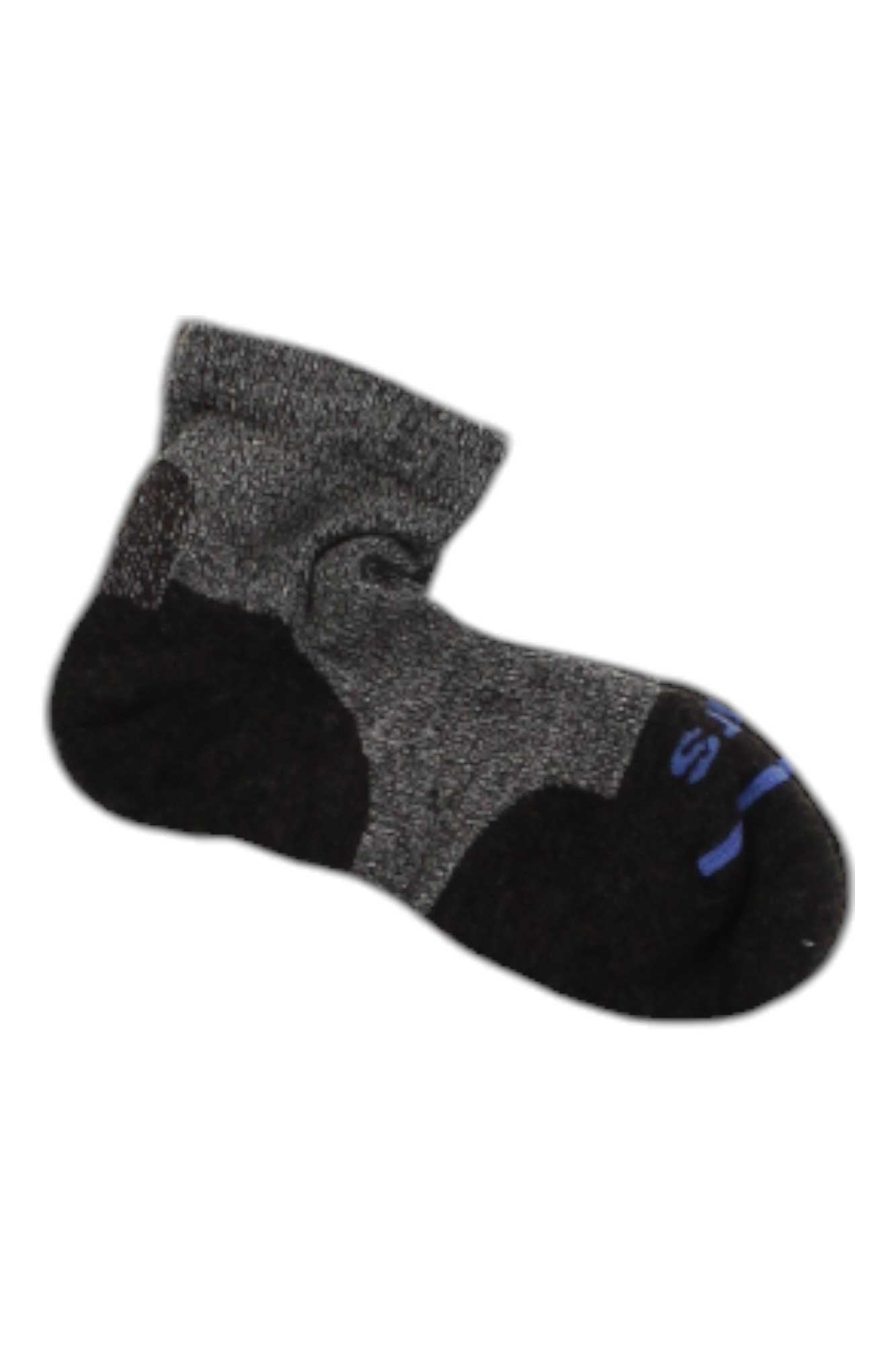 A single Fits Light Hiker Quarter Sock in gray and black merino wool with blue lettering near the toe, shown on a white background.