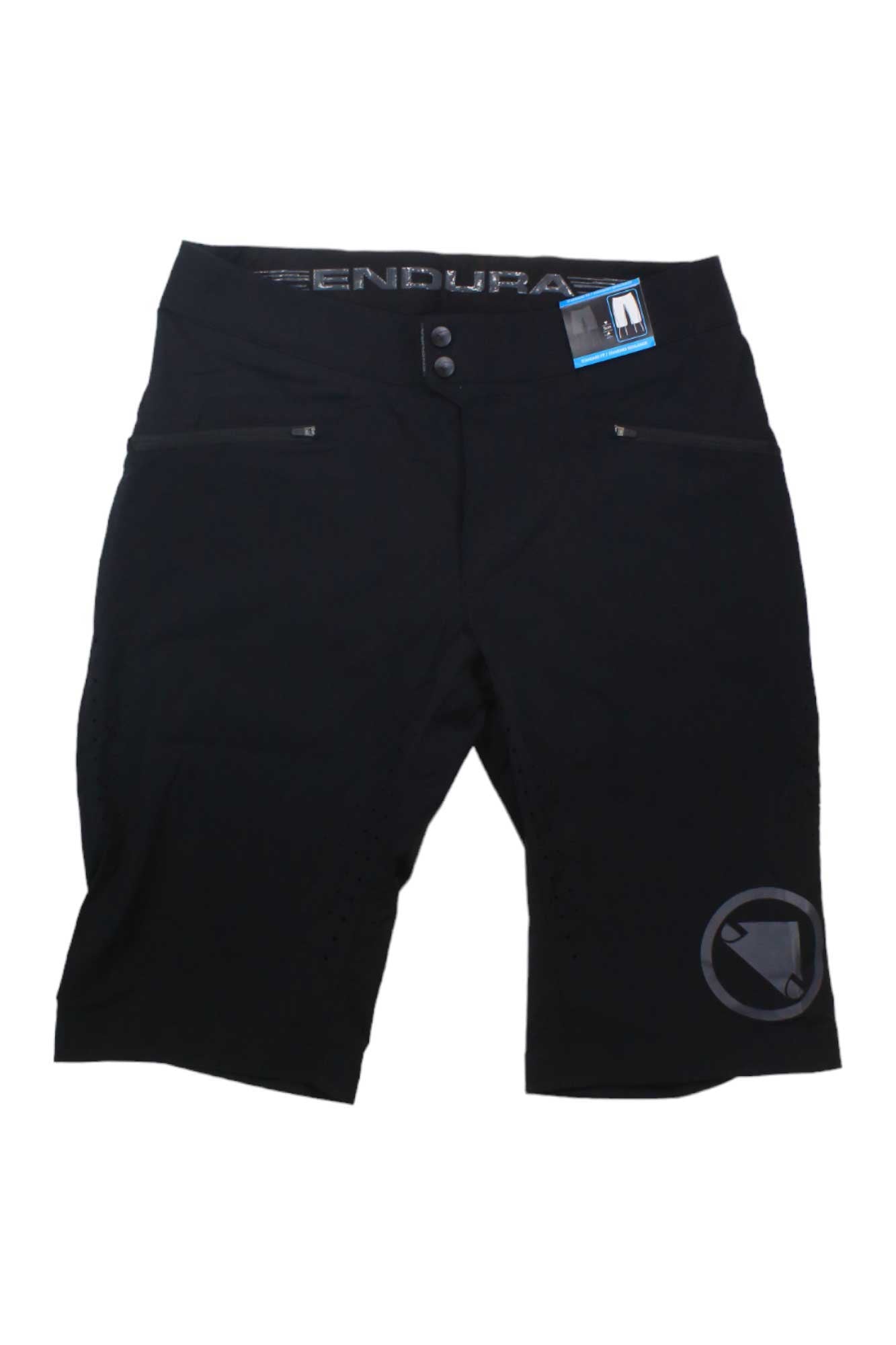 The Endura Mens SingleTrack Lite Short in black features stretch nylon fabric, two front zippered pockets, a left leg logo, and a blue tag on the waistband—perfect for mountain biking—shown against a white background.