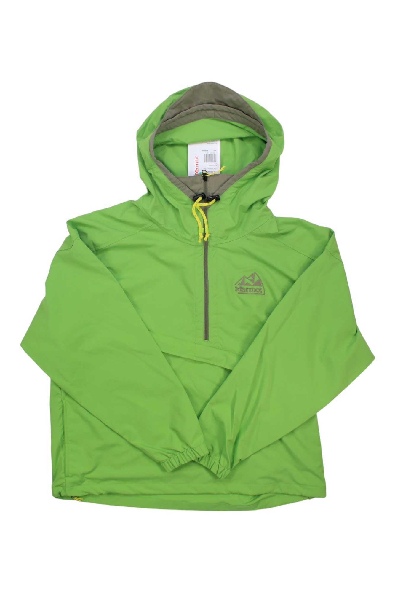 A Marmot Womens 96 Active Anorak in bright green, made from recycled polyester with a front zipper, elastic cuffs, and a small chest logo, is laid flat on a white background.