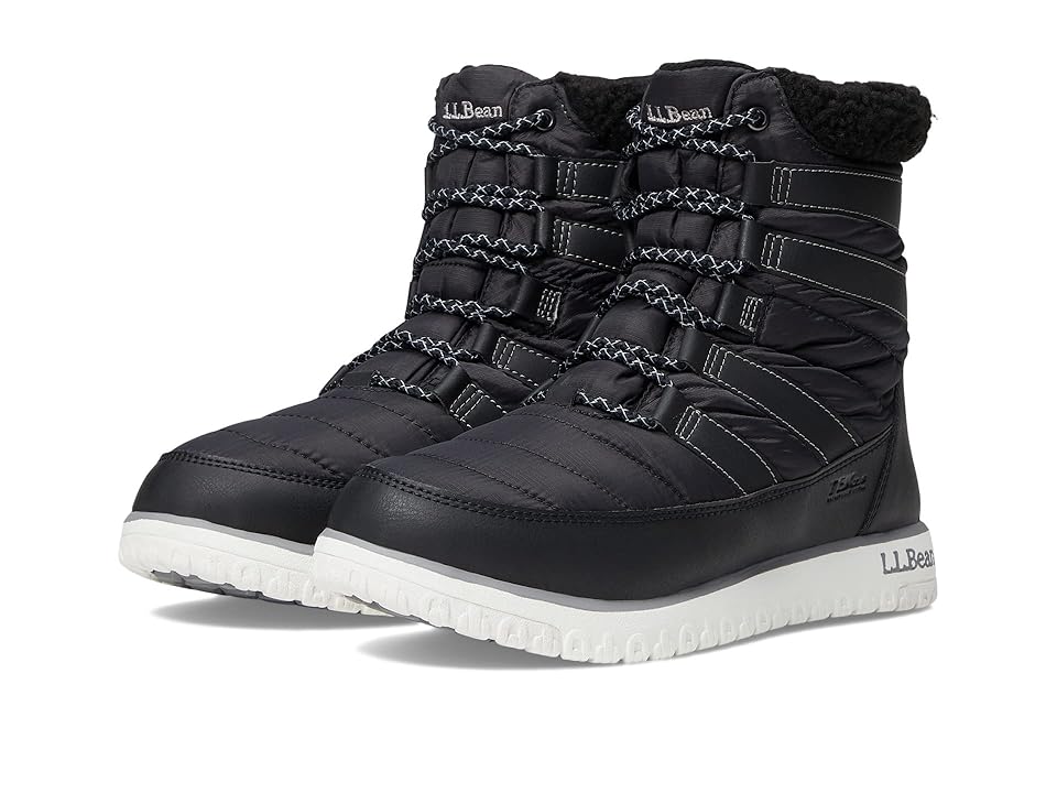 A pair of LLBean Women's Ultralight Water Resistant Insulated Boots in black, featuring white soles, thick stitching, lace-up fronts, a quilted texture, and warm fleece ankle lining for cold weather.