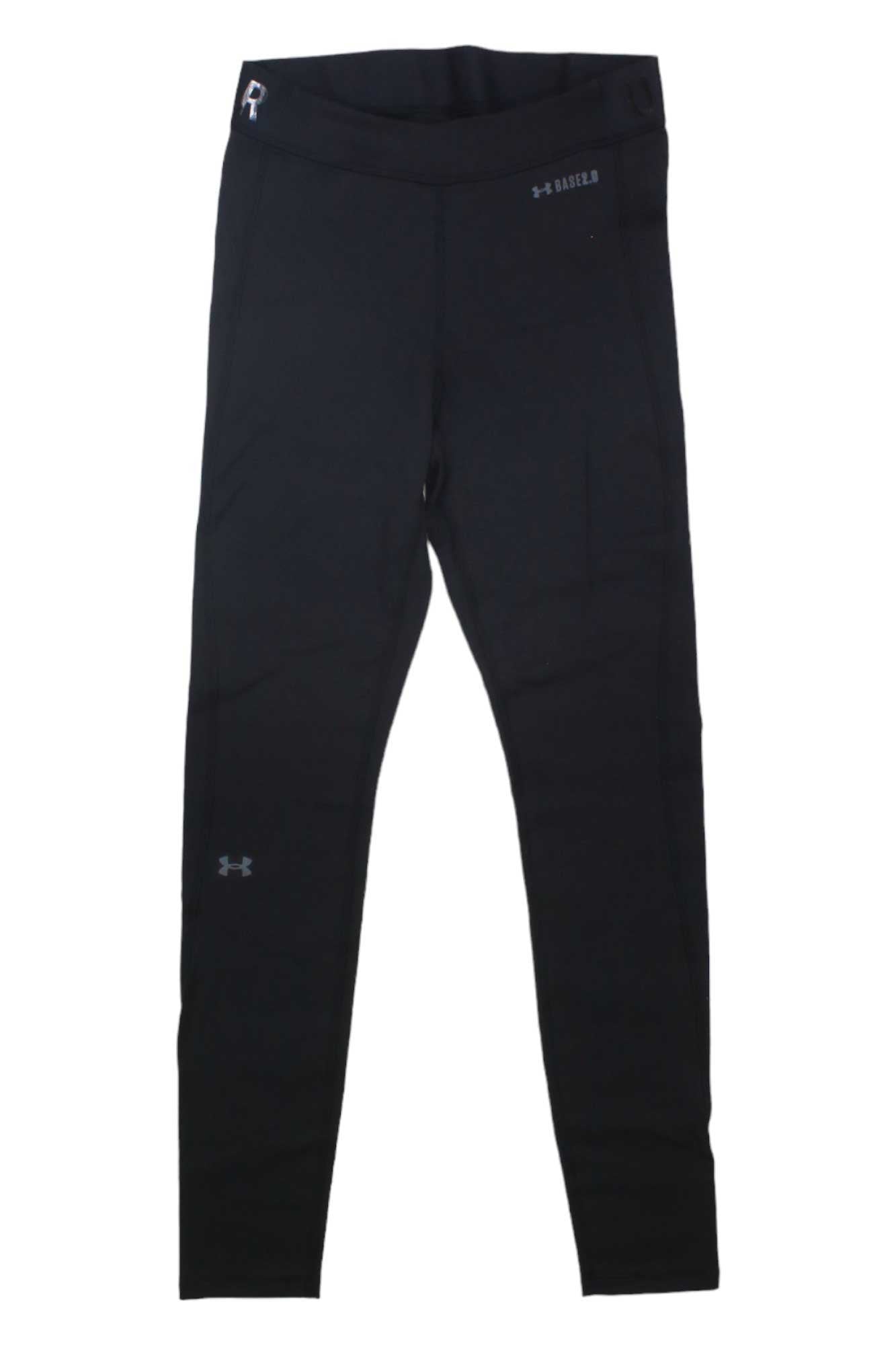 Under Armour Women's Packaged Base 2.0 Legging shown in black with subtle logos on the waistband and thigh; made from 4-way stretch, moisture-wicking fabric for flexible movement and dryness, displayed on a white background.