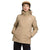 A person in The North Face Women's Carto Triclimate Jacket and matching tan cap stands with hands in pockets against a plain white background. The tan jacket, featuring the logo on the chest, is made from recycled polyester.