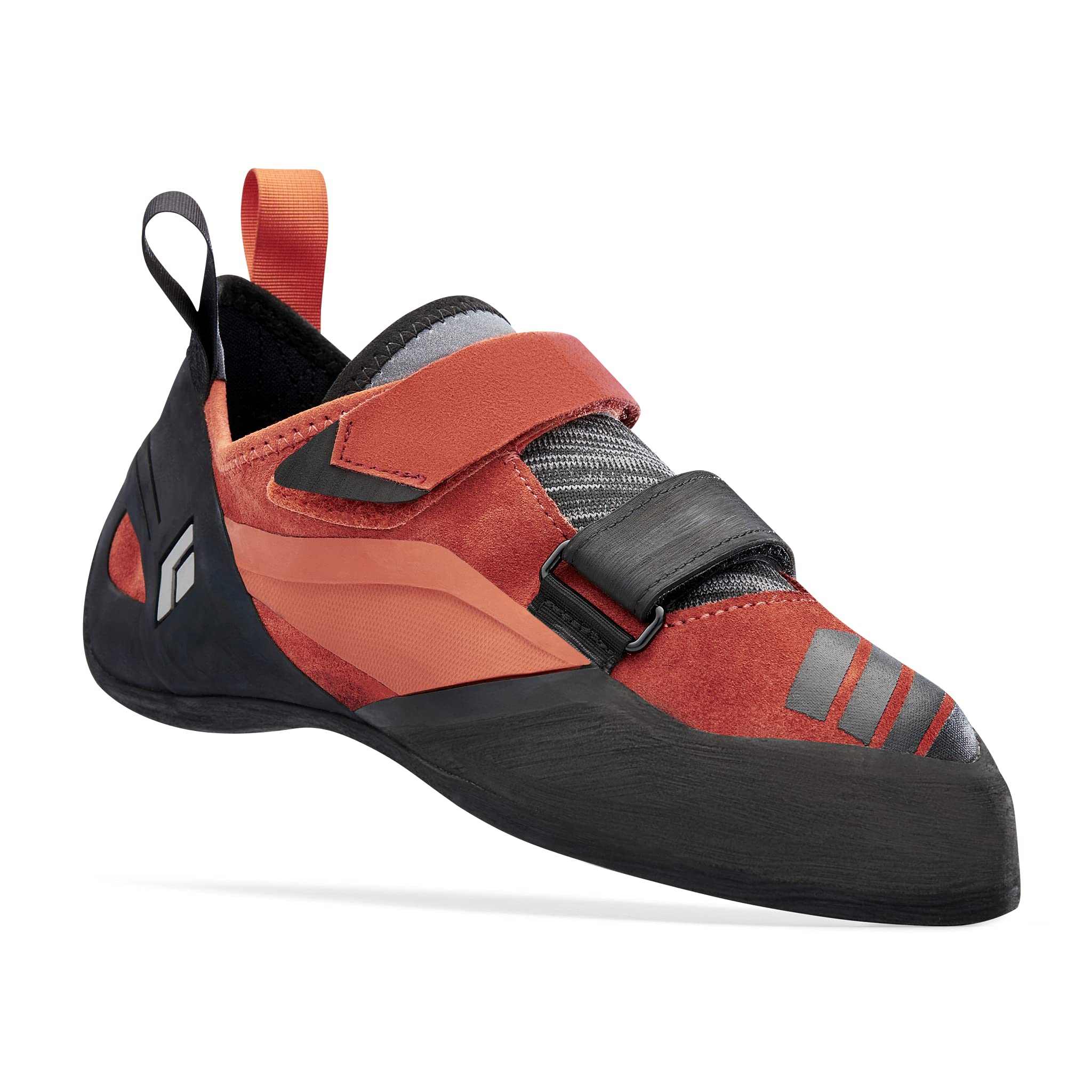 The BLACK DIAMOND Focus Men's Climbing Shoes feature a red and black design with velcro straps, a rubber toe cap, an orange pull tab at the heel, and a geometric logo on the side.