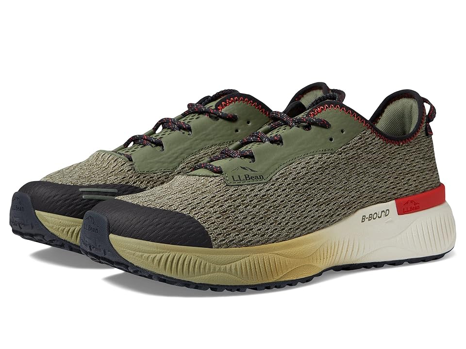 A pair of LLBean Dirigo Sneaker - Light Olive Men's Casual Shoes with green and beige mesh uppers, black and red accents, black laces, and beige-black soles are placed side by side at an angle.