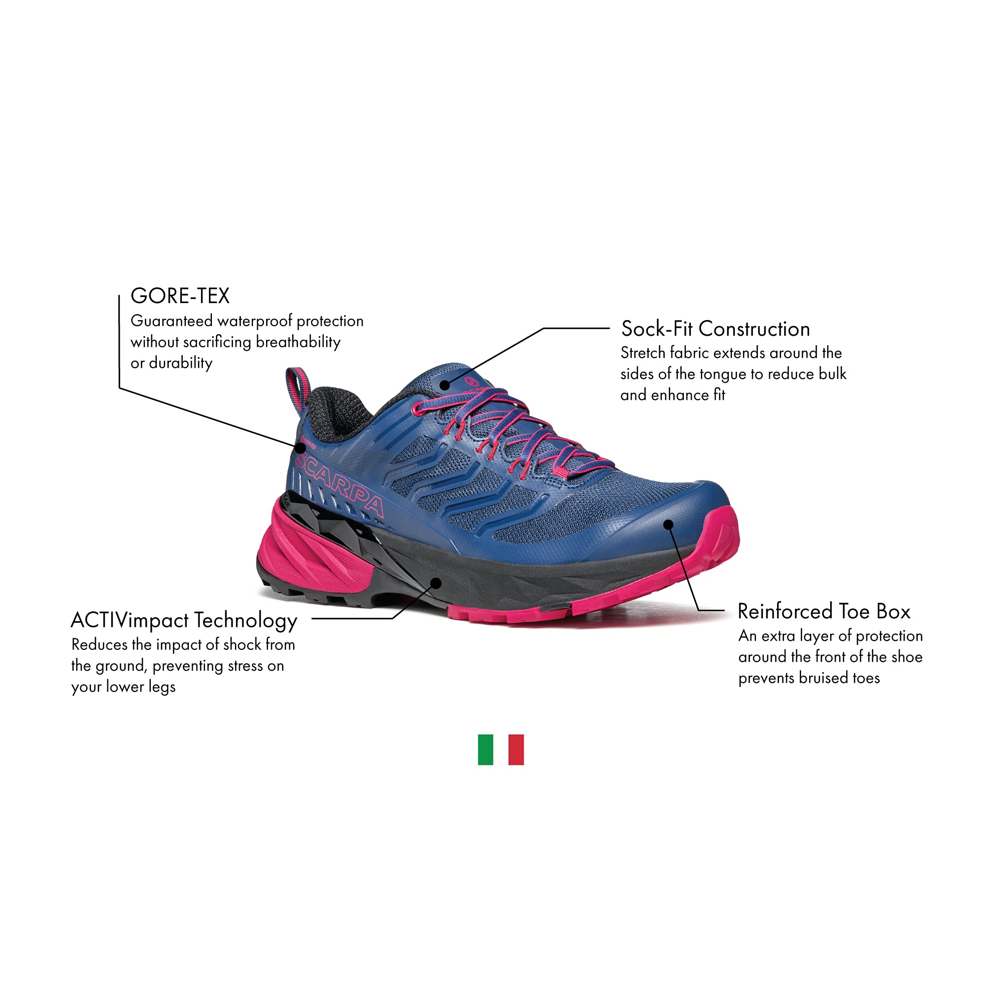 The SCARPA Women's Rush GTX Waterproof Trail Shoes - Blue/Fuchsia feature GORE-TEX protection, ACTIVImpact shock reduction, Sock-Fit Construction for comfort, and a reinforced toe box in a vibrant blue and fuchsia design.