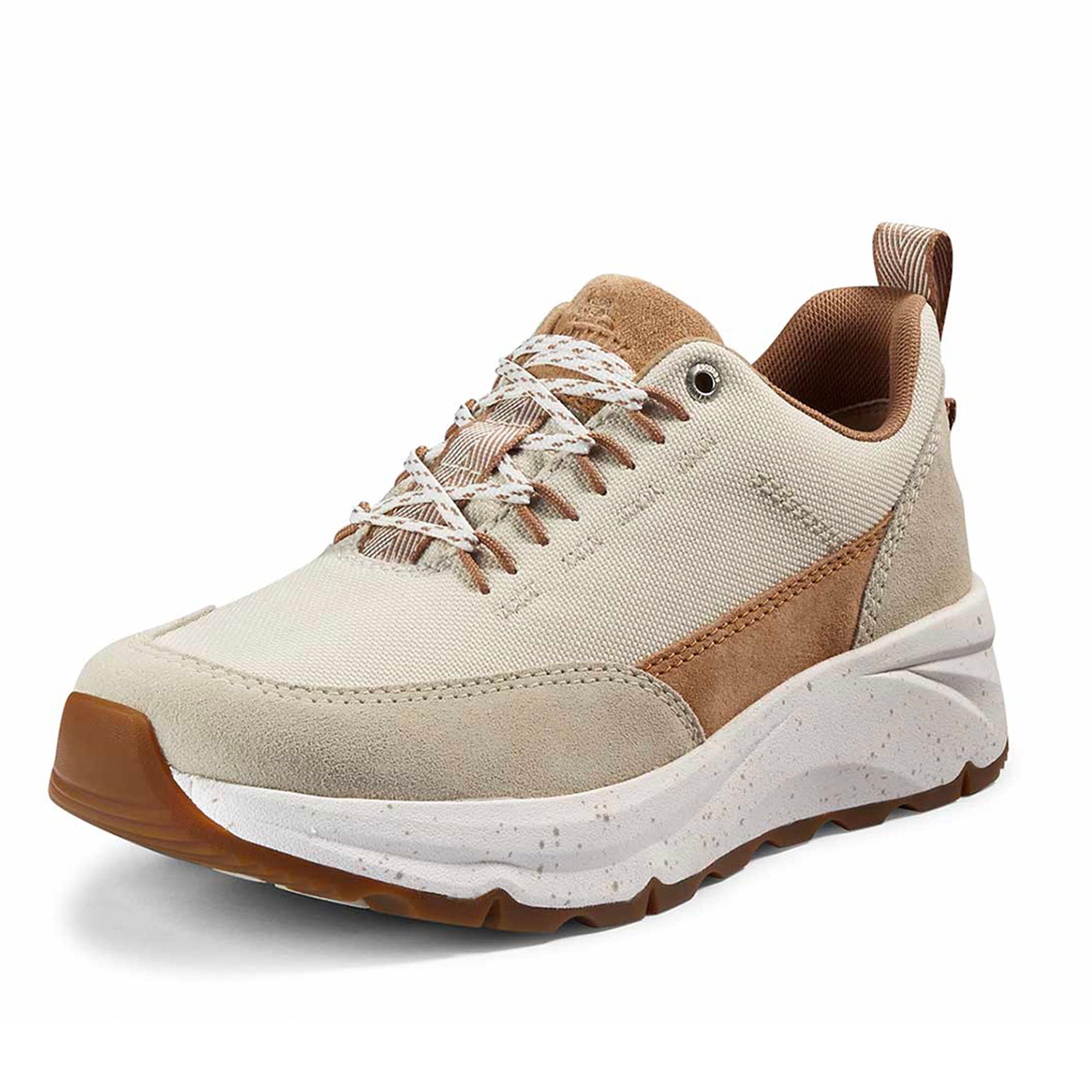 The Kodiak Women's Brigden Lace Up Sneaker - Pearled Ivory features beige and light brown hues, a white speckled sole, white and brown laces, a brown heel pull tab, and is eco-friendly, shown against a plain white background.