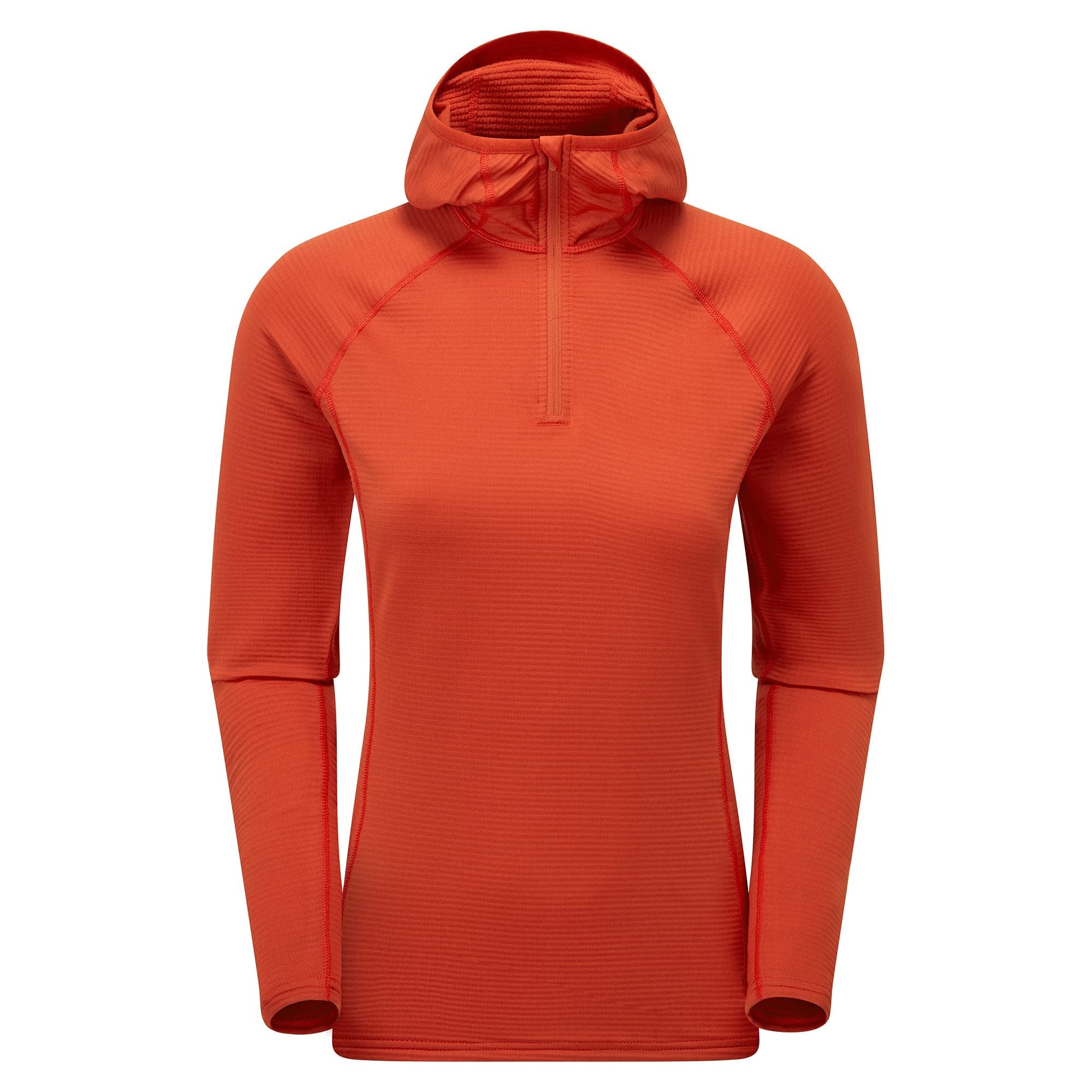 The Montane Women's Protium Lite Midlayer Hooded Fleece in Eclipse Blue features a fitted design, quarter-zip front, and moisture-wicking fabric, shown on a plain white background.