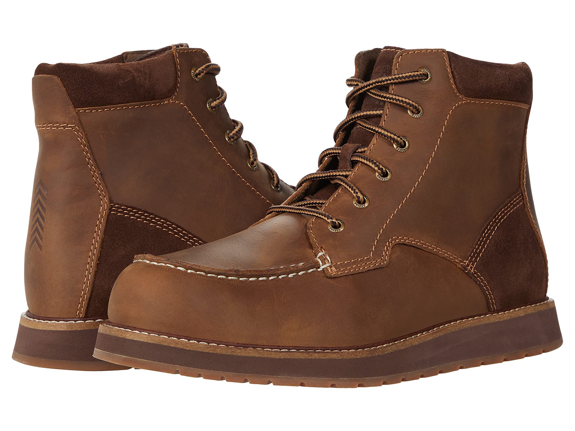 The Kodiak Devick Brown Wedge Moc Toe Shoes feature leather and suede, lace-up closure, visible stitching, rubber soles, and ankle-high design, shown from side and back angles on a white background.