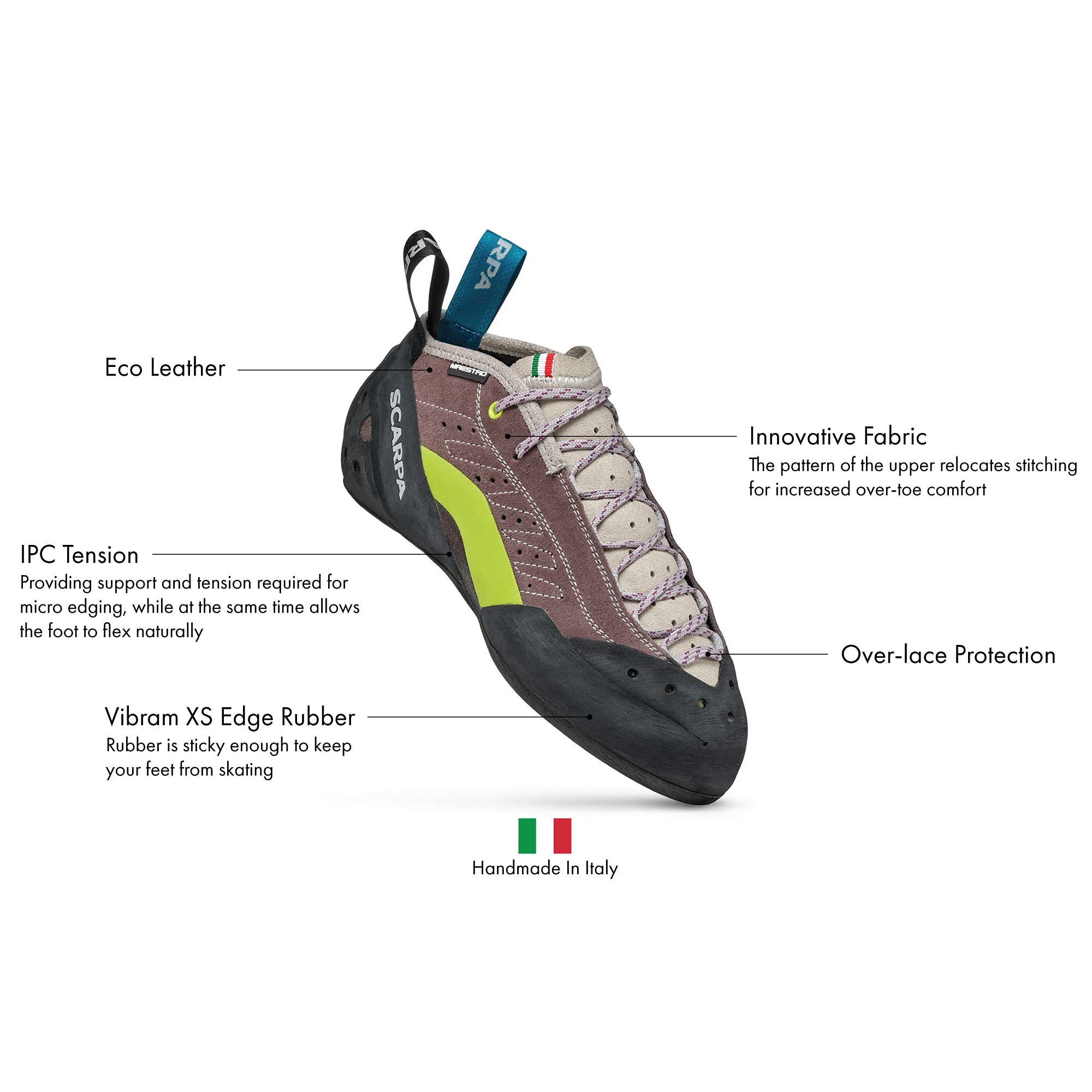 The SCARPA Women's Maestro Mid Eco Lace Climbing Shoes - MalvaMilk feature eco-friendly innovative fabric for comfort, IPC tension for support and flexibility, Vibram XS Edge rubber for grip, over-lace protection, and are handmade in Italy.
