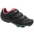 The Women's Multi Air Flex II Cycling Shoes - Asphalt feature a black design with pink accents, mesh ventilation panels, three hook-and-loop straps, a pink-lined interior, and are SPD cleat compatible for secure indoor cycling.