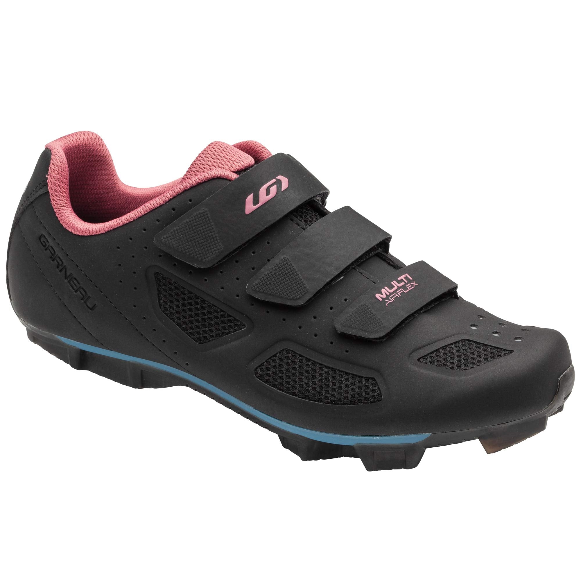 The Women's Multi Air Flex II Cycling Shoes - Asphalt feature a black design with pink interior, three Velcro straps, mesh panels for ventilation, a rugged off-road sole, SPD cleat compatibility, and "MULTI AIR FLEX" in pink.