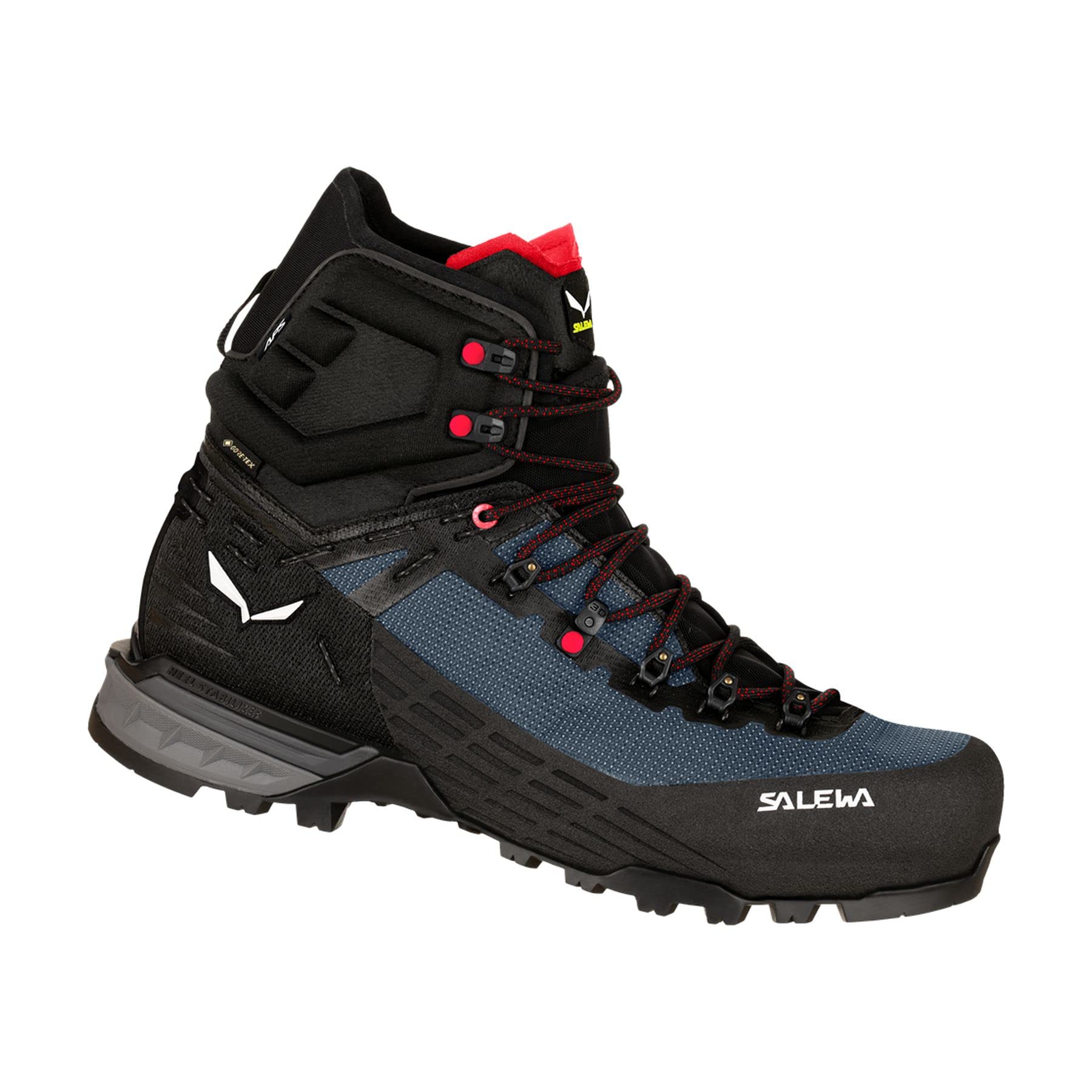 The Salewa Ortles Edge Mid GTX Women's Hiking Boots feature blue and black colors, red lace accents, a rugged sole, high ankle support, and GORE-TEX waterproofing—ideal for alpine adventures and mountain activities.
