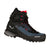 The Salewa Ortles Edge Mid GTX Women's Hiking Boots feature a rugged, high-ankle design in black/dark blue with red laces, a reinforced toe, black sole, and waterproof GORE-TEX—ideal for alpine adventures.