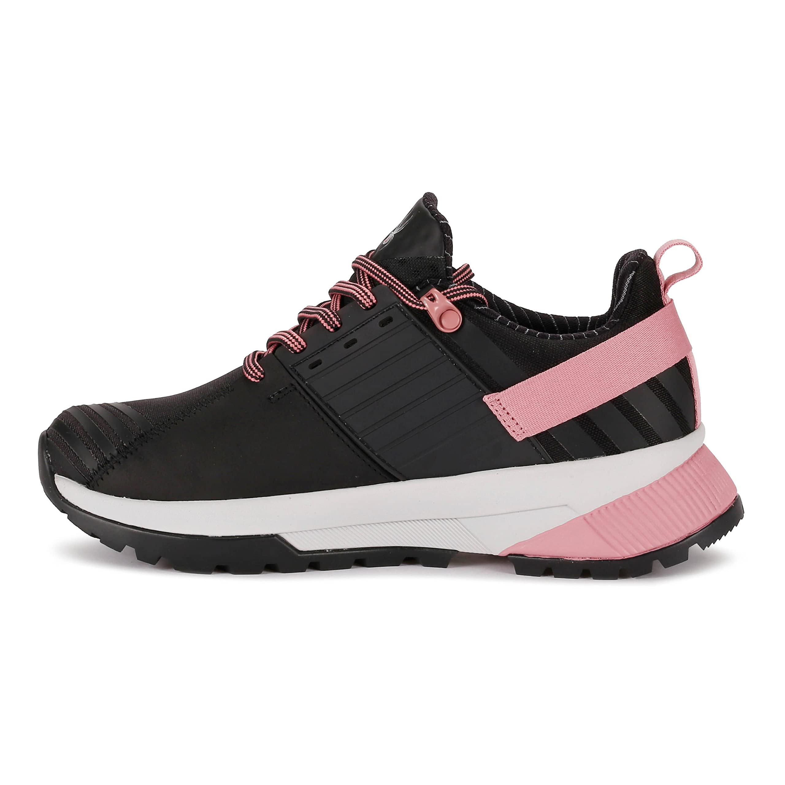 The Spyder Women's Trail Running Shoes Shasta Black, featuring pink laces and accents, are displayed on a white background.