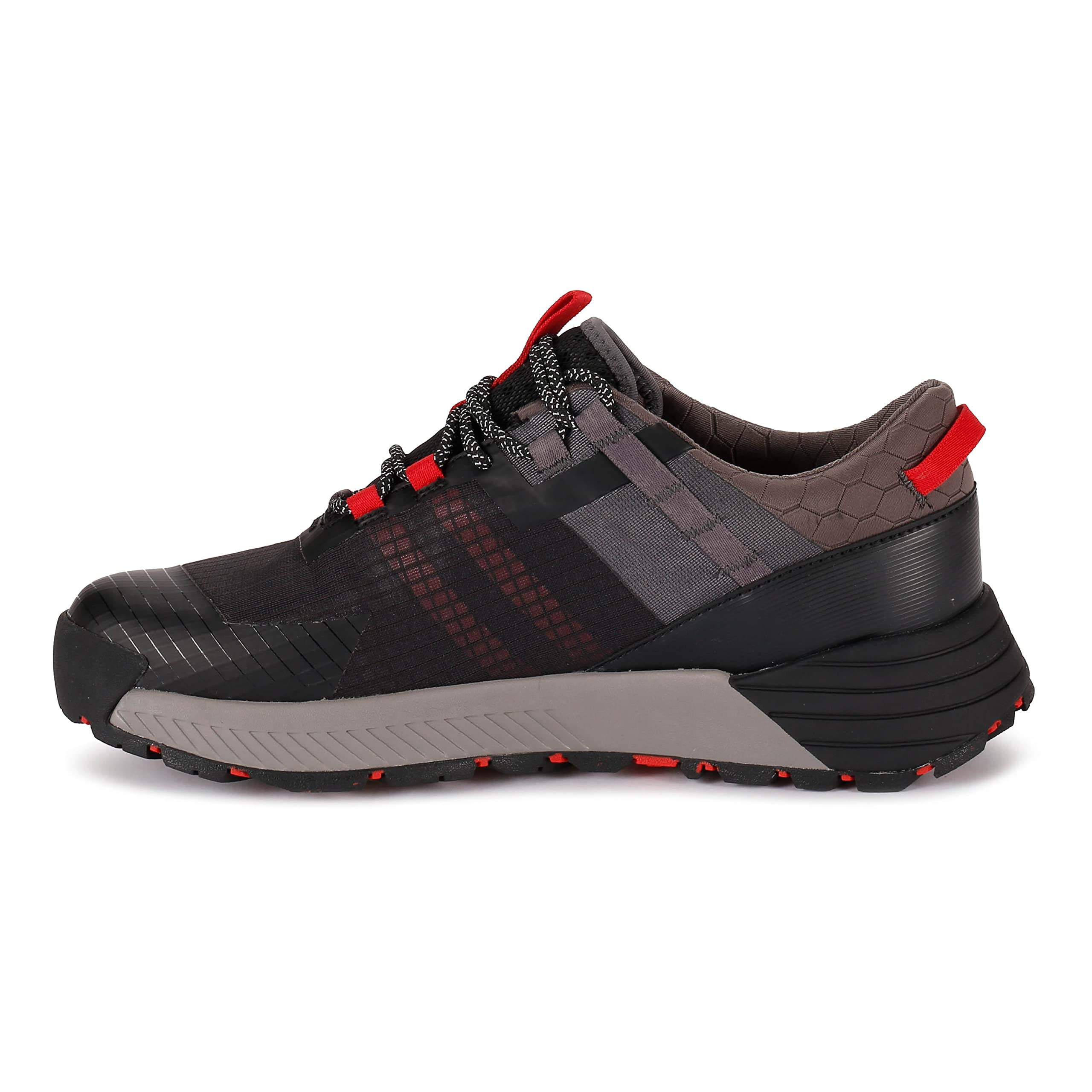 The Spyder Men's Black Hiking Shoes feature black and gray styling with red accents, black-and-white laces, a textured sole, and a hexagonal heel pattern—ideal for outdoor enthusiasts. Shown in side profile on a white background.