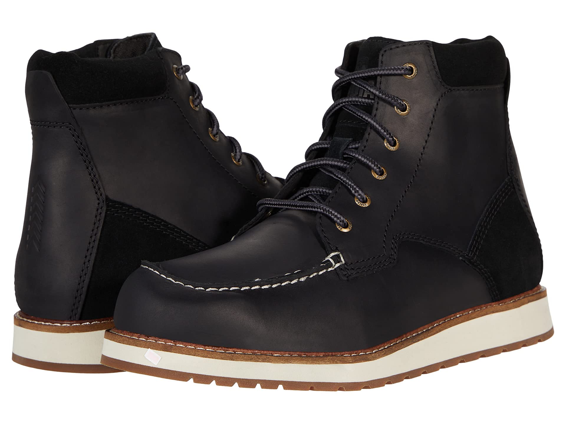 A pair of Kodiak Devick Wedge Moc Toe Shoes Black, featuring black leather with white stitching, brown midsoles, white outsoles, and black suede heel accents—men's shoes shown side by side on a white background.