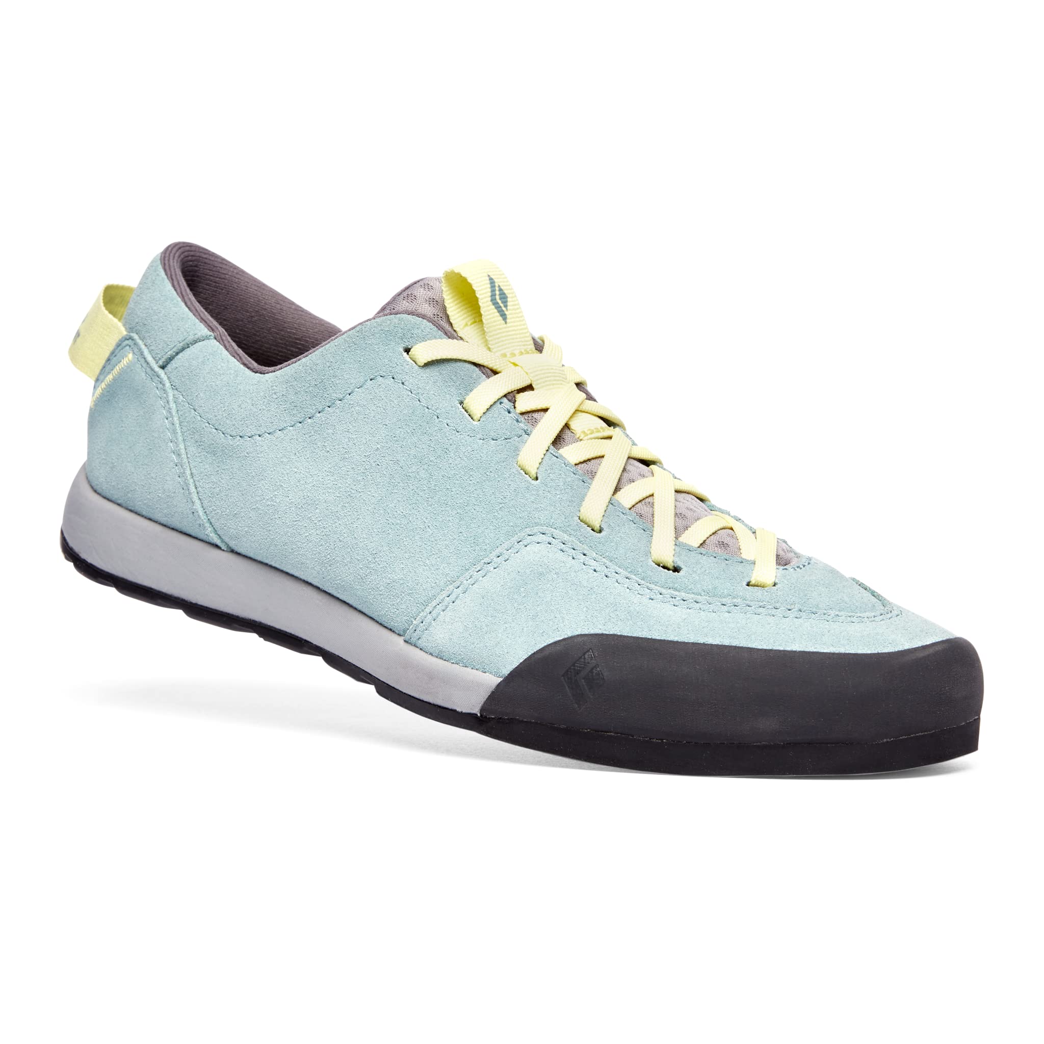 The Black Diamond Prime Sports Shoes - Blue Ash feature a light blue upper, yellow laces, grey tongue, black sticky rubber outsole for enhanced grip, pull tab at the heel, and reinforced toe; ideal for casual or outdoor use.