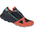 The Dynafit Women's Ultra 100 Trail Running Shoes in Hot Coral/Blueberry feature a cushioned mesh upper, reinforced toe, and rugged Vibram Megagrip sole—ideal for outdoor activities.