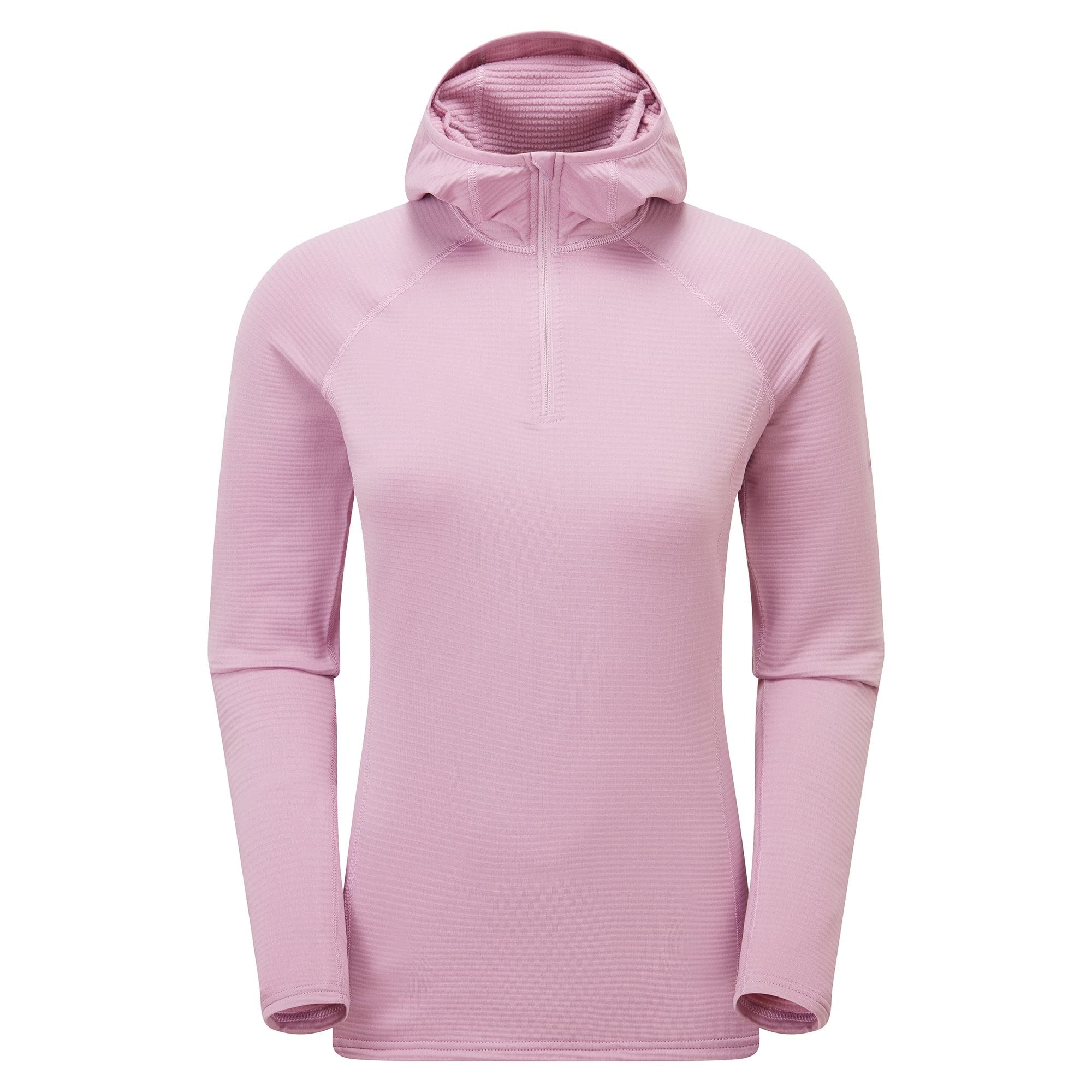 The Montane Women's Protium Lite Hooded Fleece is a fitted, long-sleeve, light pink pullover with a front half-zip and textured design, offering lightweight warmth for outdoor adventures—shown on a plain white background.