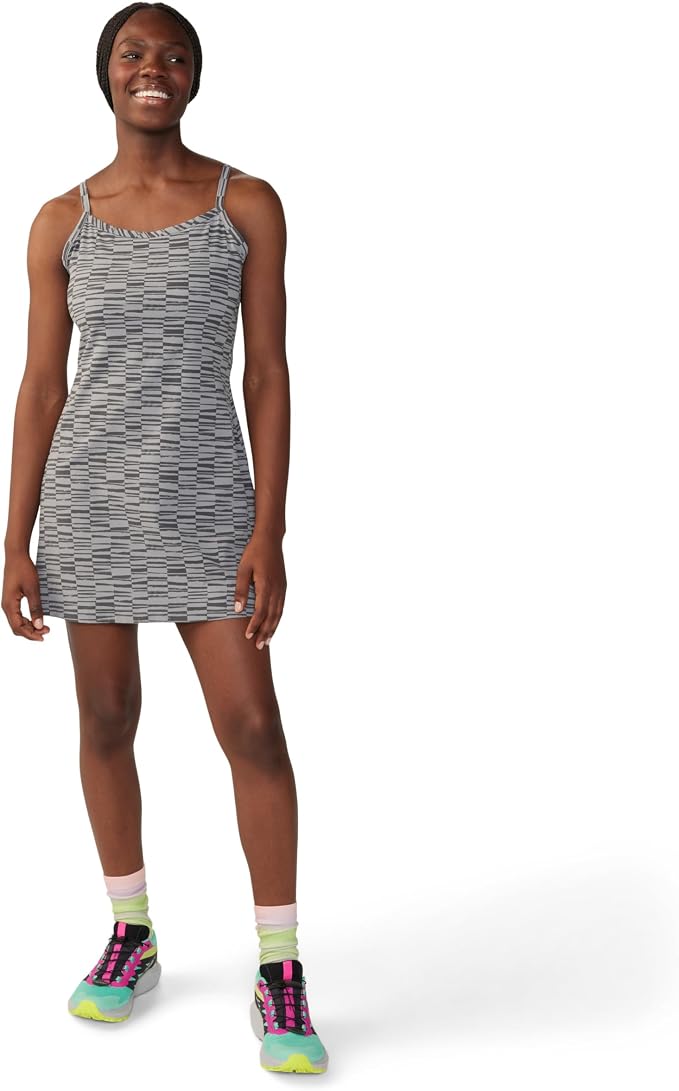 Women's tank dress on model, grey geometric check print with thin straps
