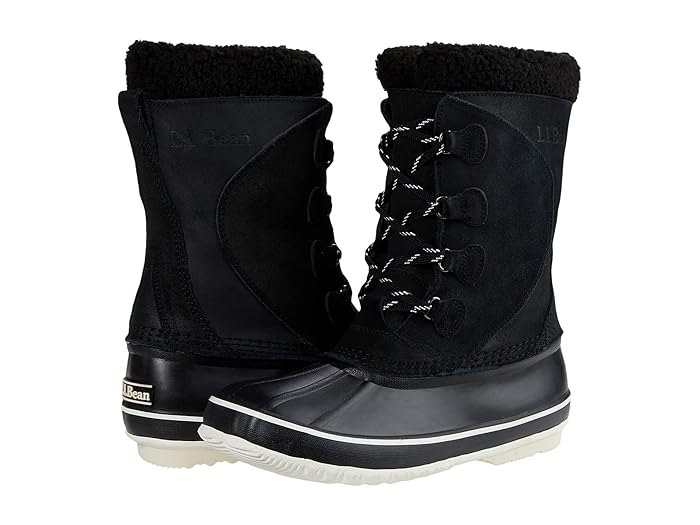 A pair of LLBean Winter Snow Boots Lace Up in black with white soles, black and white laces, and a textured cuff. These rugged, waterproof boots keep you warm and dry in cold weather.