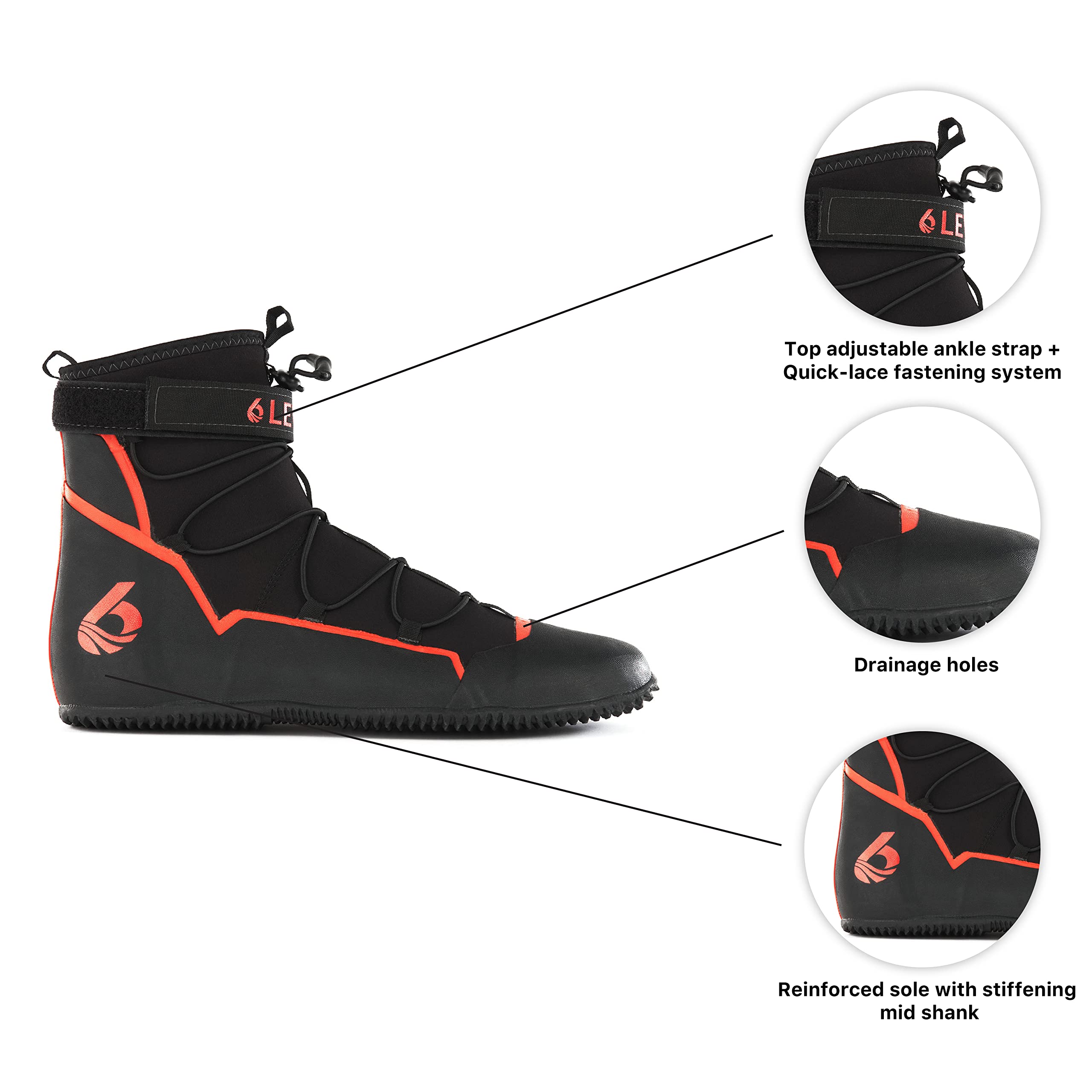 The Level Six Creek Neoprene Boots feature a quick-lace system, adjustable ankle strap, drainage holes, and a reinforced sole with stiffening mid shank—perfect for water sports and activities requiring durable neoprene boots.